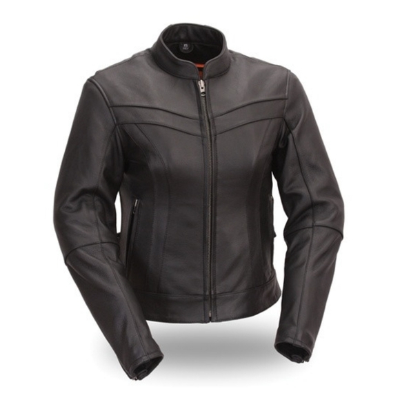 Womens FIRST CLASSIC Leather Motorcycle Jacket - Stylish Scooter- Size MED Black